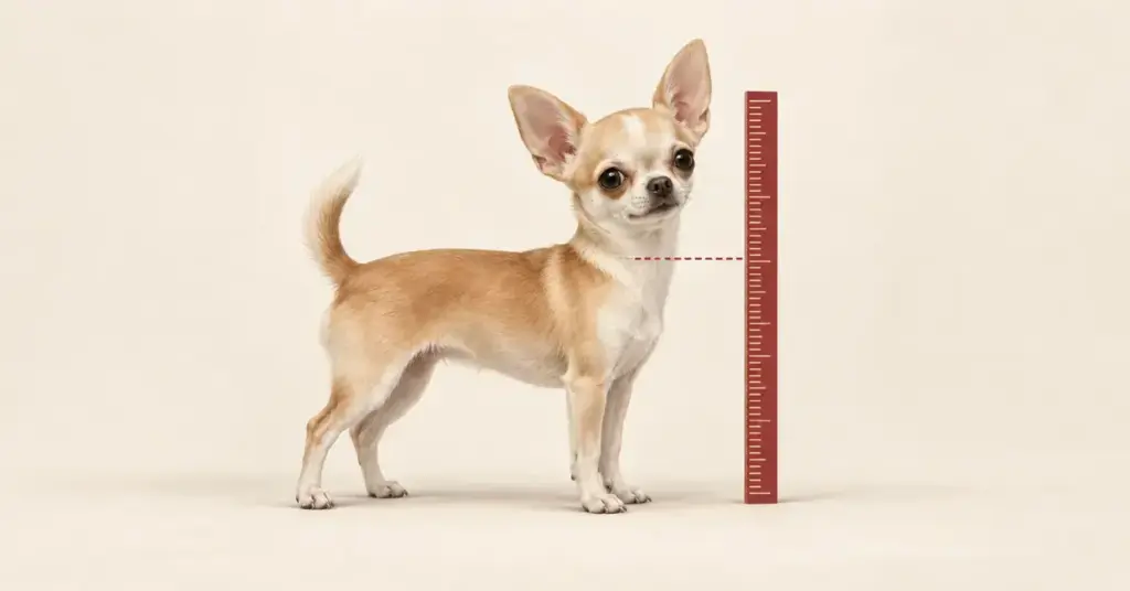 Vaaleanruskea chihuahua seisoo punaisen mitta-asteikon vieressä, ja katkoviiva havainnollistaa koiran säkäkorkeutta.