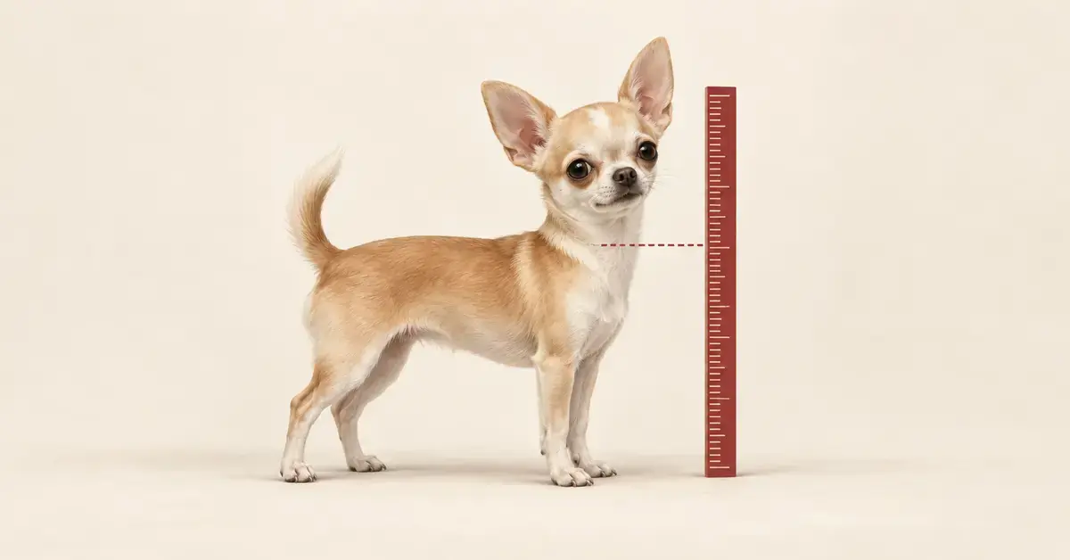 Vaaleanruskea chihuahua seisoo punaisen mitta-asteikon vieressä, ja katkoviiva havainnollistaa koiran säkäkorkeutta.