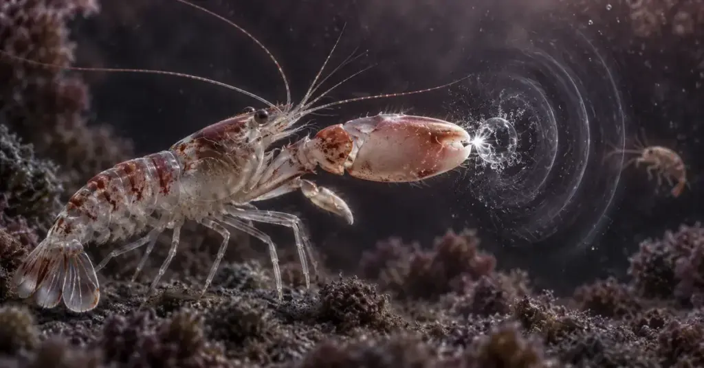 Havainnekuva pistoolikatkaravusta, jonka suuren saksen napsahdus synnyttää vedessä kavitaatiokuplan ja paineaallon kohti pientä saalisäyriäistä.