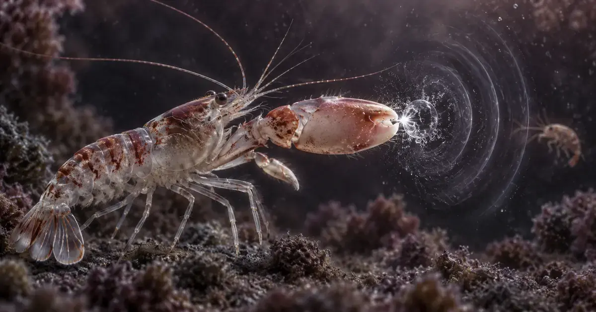 Havainnekuva pistoolikatkaravusta, jonka suuren saksen napsahdus synnyttää vedessä kavitaatiokuplan ja paineaallon kohti pientä saalisäyriäistä.