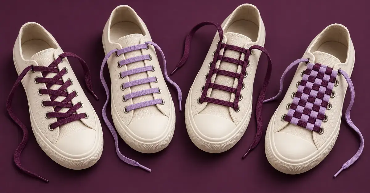 Neljä vaaleaa kangaskenkää esittelee erilaisia violettien kengännauhojen pujotuksia tumman luumunvärisellä taustalla.