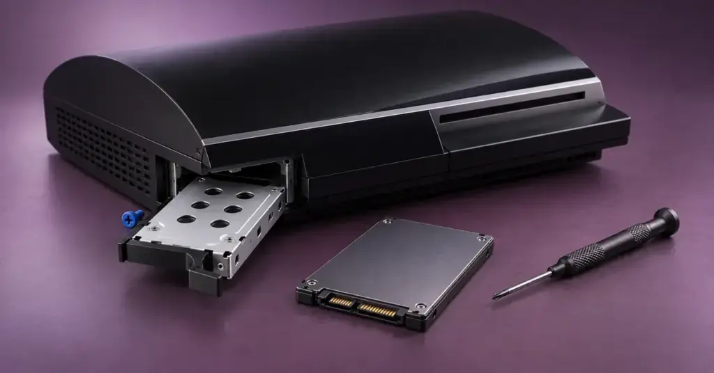 Havainnekuvassa PS3-konsolin kiintolevykelkka on vedetty ulos, ja vieressä ovat uusi SSD-levy, sininen kiinnitysruuvi ja ristipääruuvimeisseli.