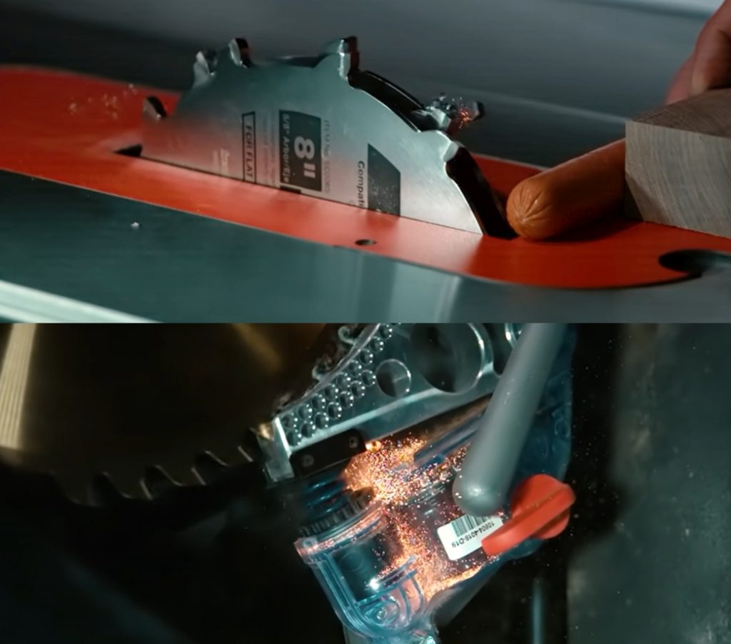 Osuma, huomattavaa, että pysäytys oli niin kova, että sirkkelin terästä irtosi yksi hakanen g-voimien vuoksi. Alakuvassa näkyy patruuna, joka laukesi ja pysäytti terän