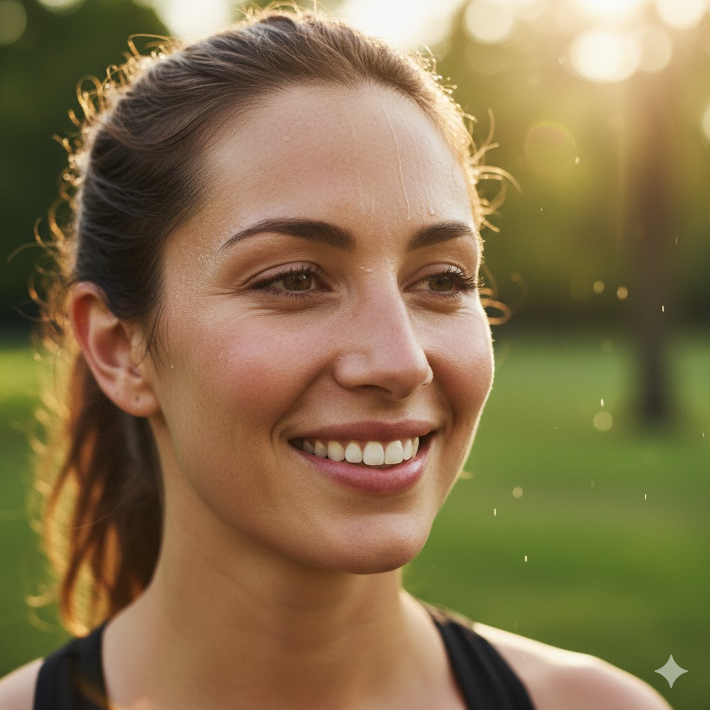30 min juoksu hyödyt: Lähikuva rentoutuneesta henkilöstä lenkin jälkeen, symboloiden juoksun tuomaa henkistä hyvinvointia ja stressin lievitystä.