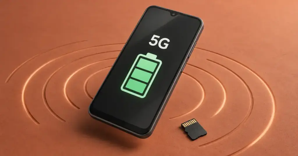 Kuvitus älypuhelimesta, jonka näytöllä näkyvät 5G-teksti ja akun symboli, sekä muistikortista terrakotanvärisellä taustalla.