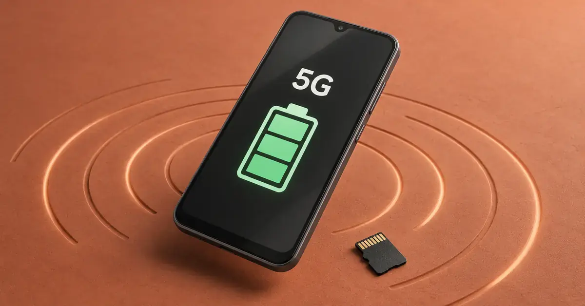 Kuvitus älypuhelimesta, jonka näytöllä näkyvät 5G-teksti ja akun symboli, sekä muistikortista terrakotanvärisellä taustalla.