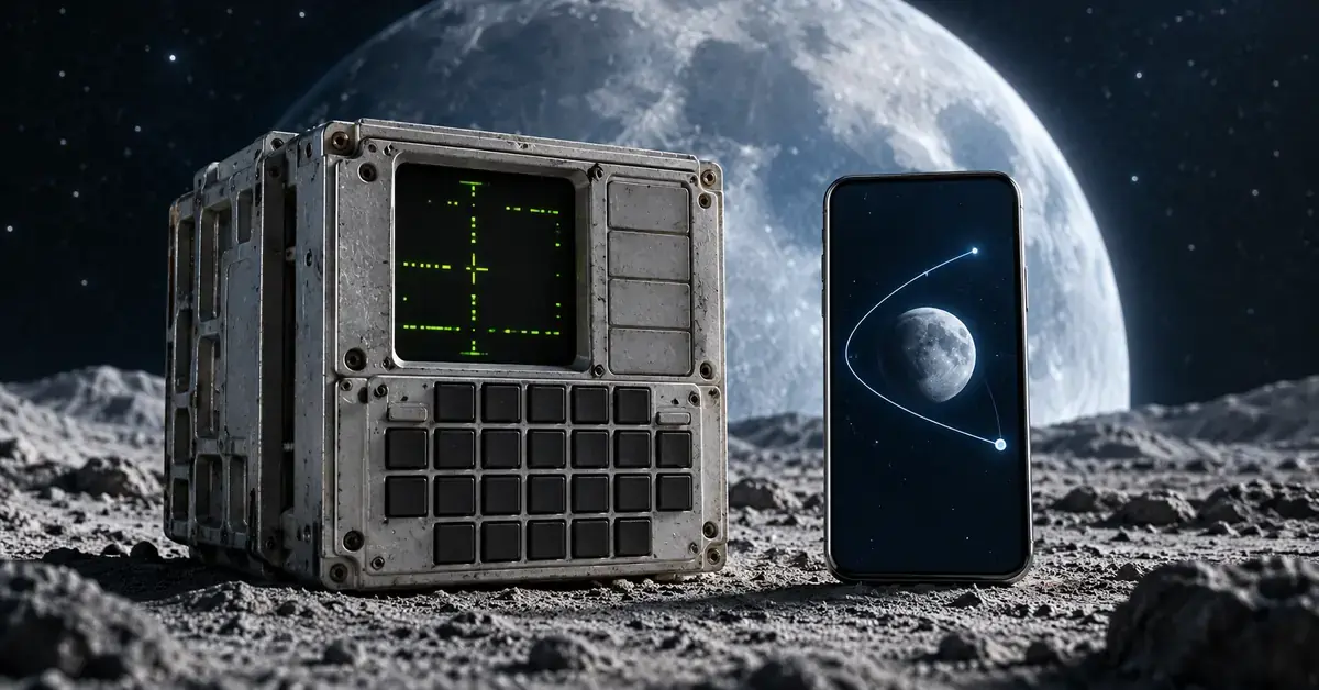 Havainnekuvassa Apollo-aikakauden ohjaustietokonetta muistuttava laite ja moderni älypuhelin ovat rinnakkain Kuun edessä.