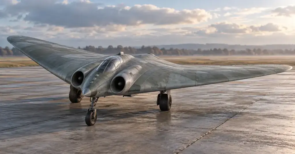 Kuvitus Horten Ho 229 -suihkukoneesta, jonka leveä lentävä siipi ja kaksi ilmanottoaukkoa erottuvat pilvisellä lentokentällä.