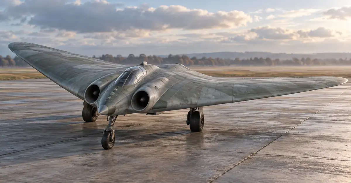 Kuvitus Horten Ho 229 -suihkukoneesta, jonka leveä lentävä siipi ja kaksi ilmanottoaukkoa erottuvat pilvisellä lentokentällä.