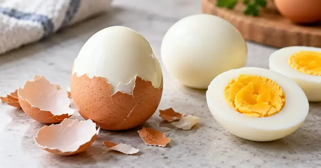 Osittain kuorittu keitetty kananmuna, kuorenpaloja sekä kuorittu ja halkaistu muna vaalealla keittiötasolla.