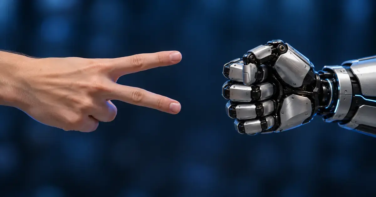Ihmisen käsi näyttää sakset ja robotin käsi kiven kivi-sakset-paperipelissä tummansinistä taustaa vasten.