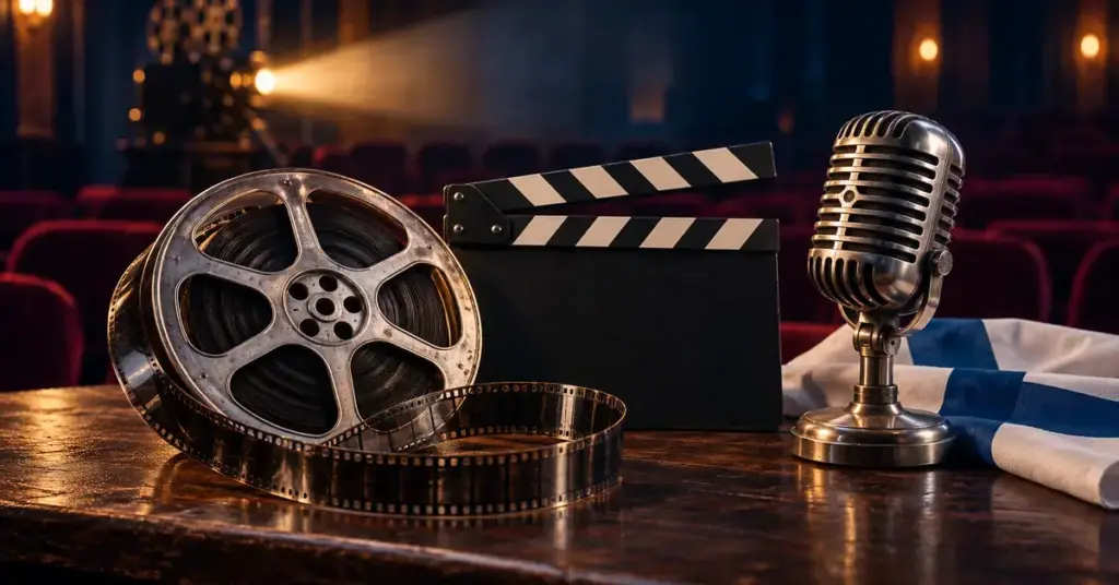 Filmikela, klaffi, vanha mikrofoni ja Suomen lippu elokuvateatterissa kuvastavat kotimaisen elokuvan ikimuistoisia repliikkejä.