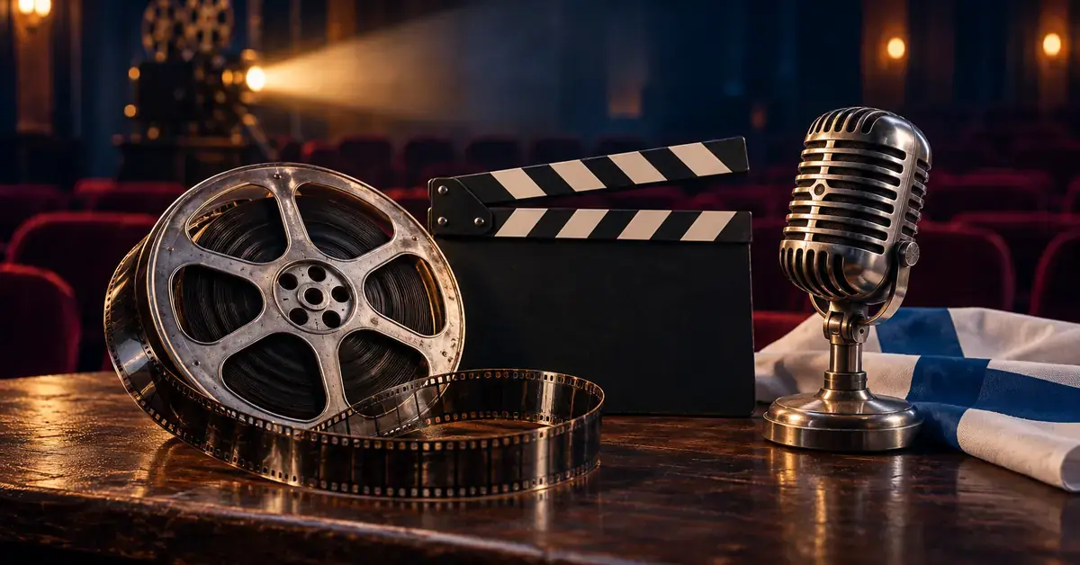Filmikela, klaffi, vanha mikrofoni ja Suomen lippu elokuvateatterissa kuvastavat kotimaisen elokuvan ikimuistoisia repliikkejä.