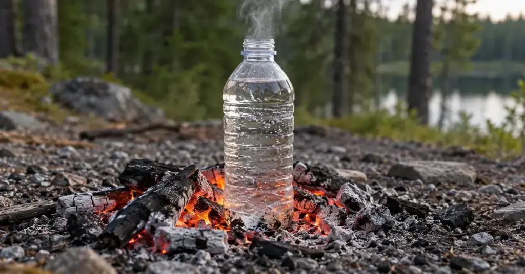 Vedellä täytetty korkiton muovipullo höyryää nuotion hehkuvilla hiilillä metsäisen järven rannalla.