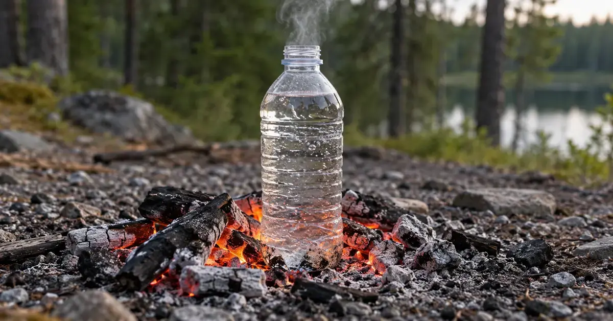 Vedellä täytetty korkiton muovipullo höyryää nuotion hehkuvilla hiilillä metsäisen järven rannalla.