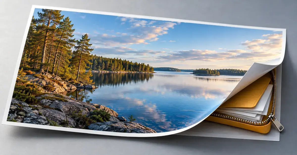 Järvimaisemaa esittävän valokuvan taittuvan kulman alta paljastuu vetoketjullinen kansio asiakirjoineen havainnollistamassa tiedostojen piilottamista JPEG-kuvan sisään.