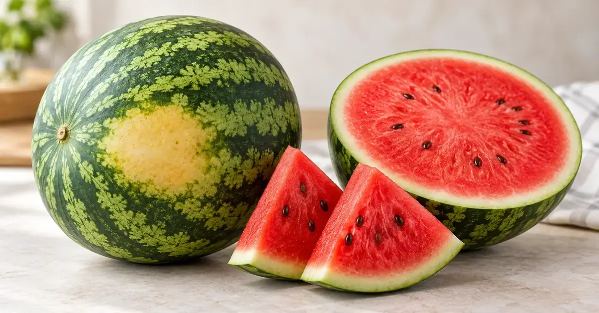 Kokonainen vesimeloni, jonka kuoressa näkyy kermankeltainen kenttäläikkä, sekä punamaltoinen vesimelonin puolikas ja kaksi viipaletta vaalealla pöydällä.