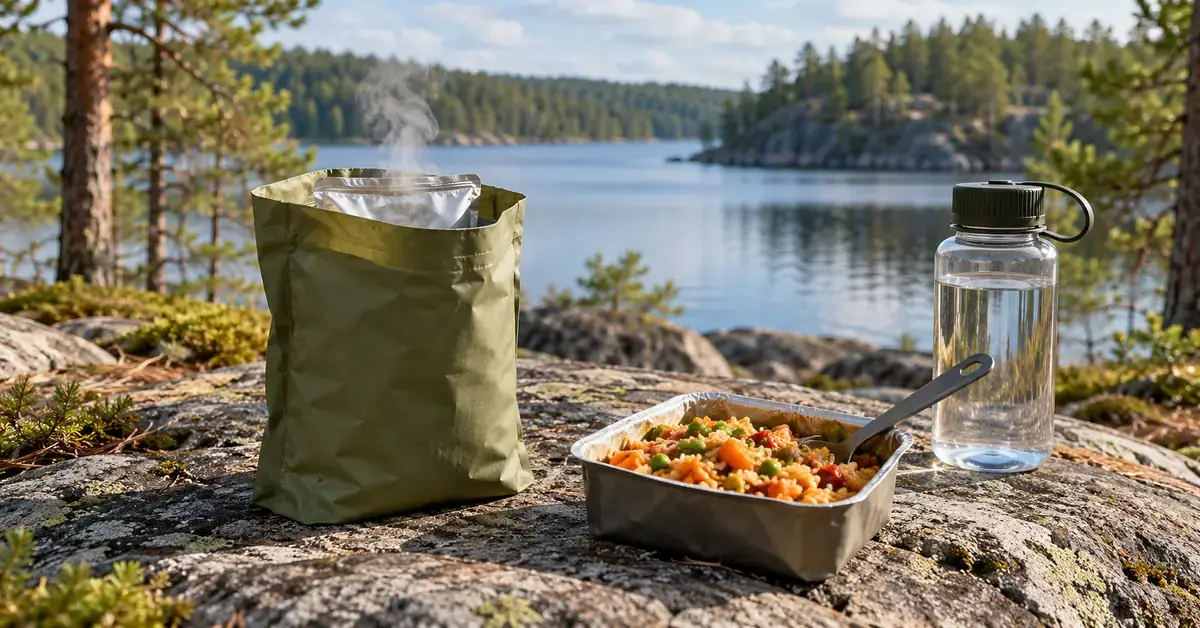 Kemiallinen lämmityspussi, valmis retkiateria ja vesipullo järvenrantakalliolla havumetsän keskellä.