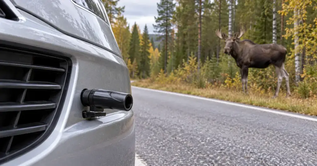 Auton etupuskuriin kiinnitetty musta peurapilli ja taustalla metsätien reunassa seisova hirvi.