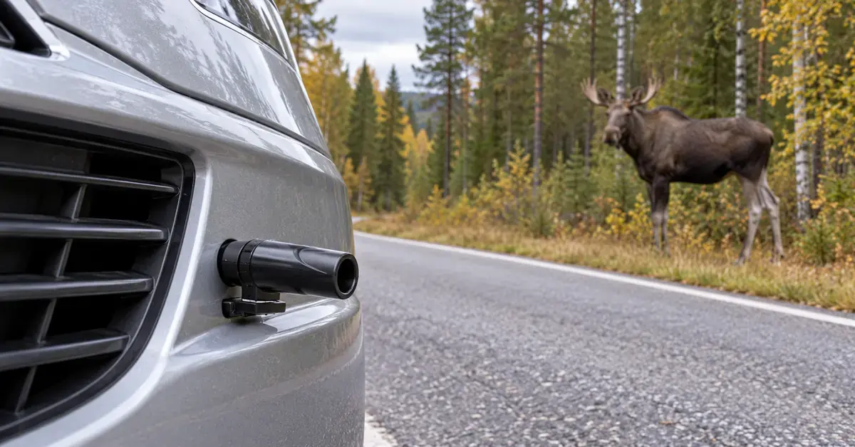 Auton etupuskuriin kiinnitetty musta peurapilli ja taustalla metsätien reunassa seisova hirvi.