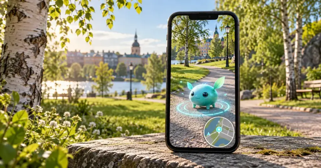 Älypuhelimen näytöllä näkyy turkoosi virtuaalihahmo ja sijaintikartta aurinkoisessa puistossa.