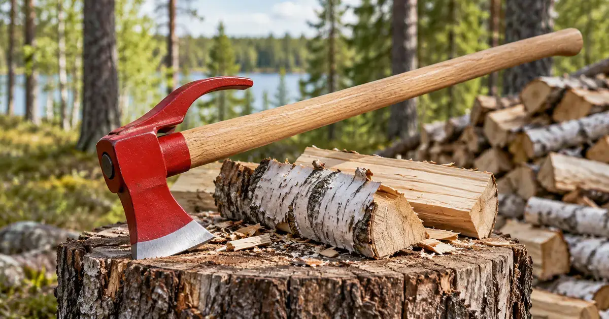 Punainen vipukirves ja halkaistuja koivuklapeja hakkuupölkyn päällä metsäisessä järvimaisemassa.