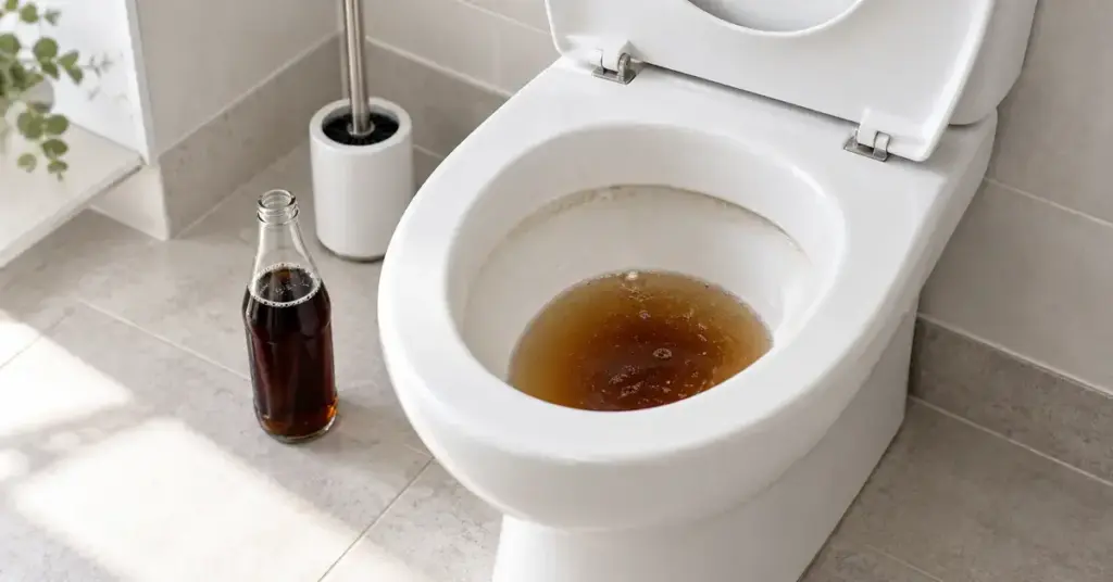 WC-pöntössä on kolajuomaa, ja sen vieressä ovat etiketitön kolapullo ja wc-harja.