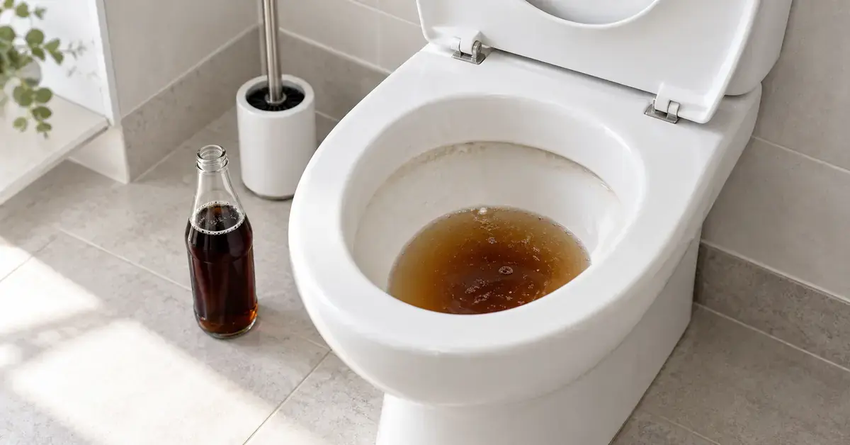 WC-pöntössä on kolajuomaa, ja sen vieressä ovat etiketitön kolapullo ja wc-harja.