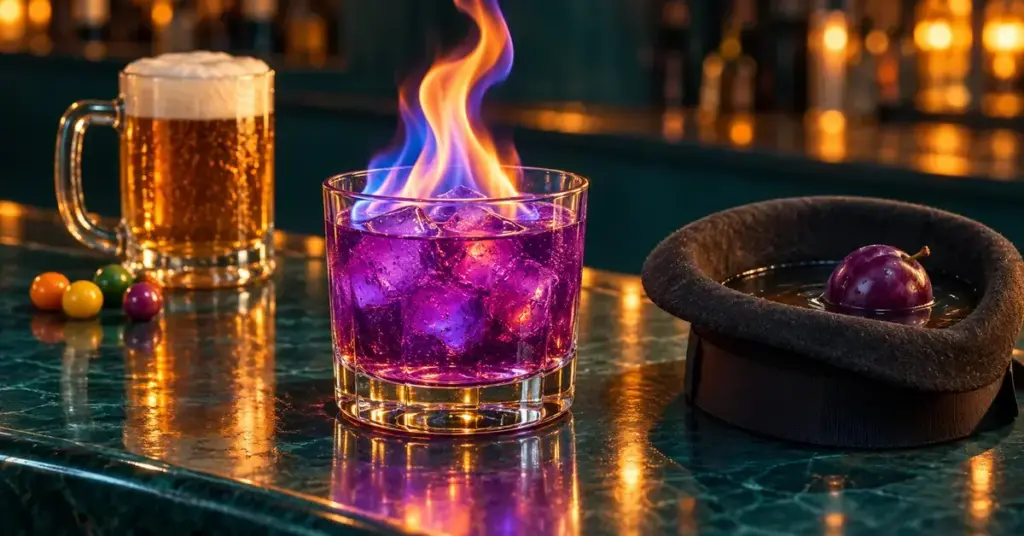Havainnekuvassa baaritiskillä on liekehtivä violetti drinkki, oluttuoppi ja värikkäitä makeisia sekä nestettä sisältävä hattu, jossa kelluu luumu.