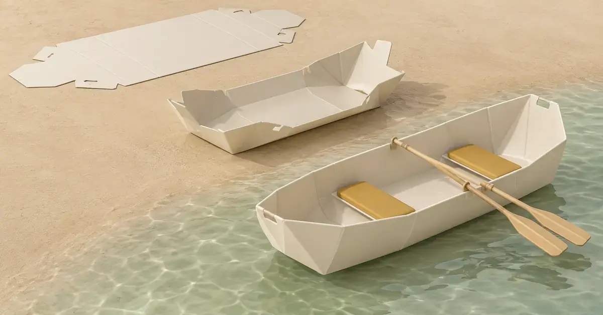 Havainnekuva Foldboat-soutuveneen taittumisesta litteästä muovilevystä valmiiksi veneeksi, jossa on kaksi keltaista istuintyynyä ja kaksi puista airoa.