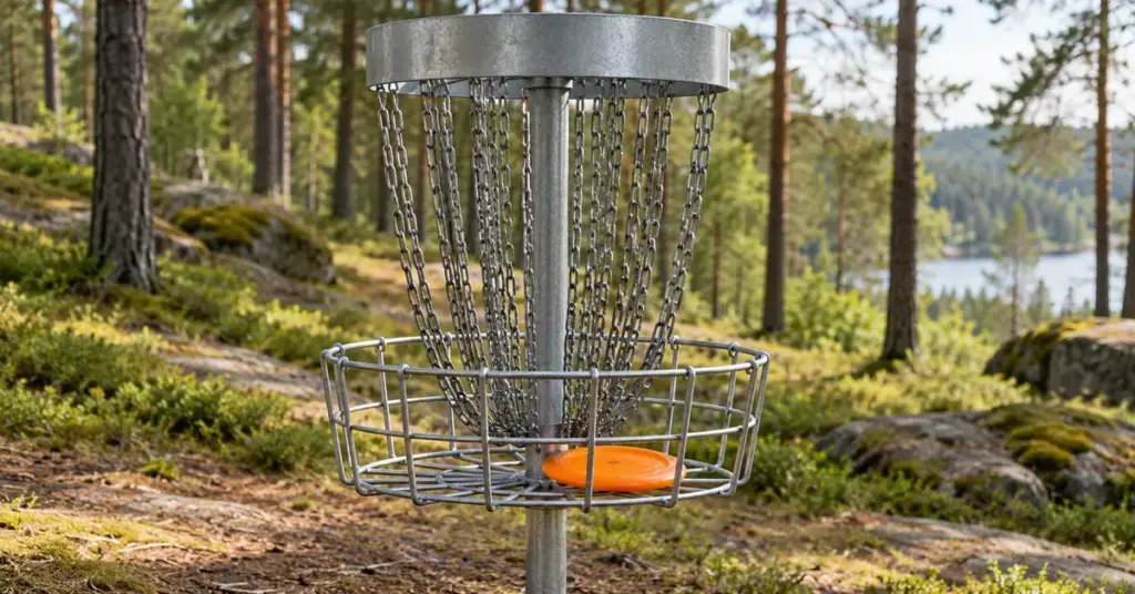 Oranssi kiekko lepää metallisen frisbeegolfkorin alaosassa mäntymetsän keskellä.