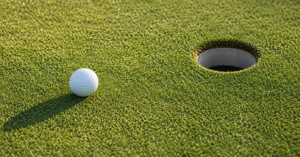 Valkoinen golfpallo lepää viheriöllä lähellä reikää pehmeässä auringonvalossa.