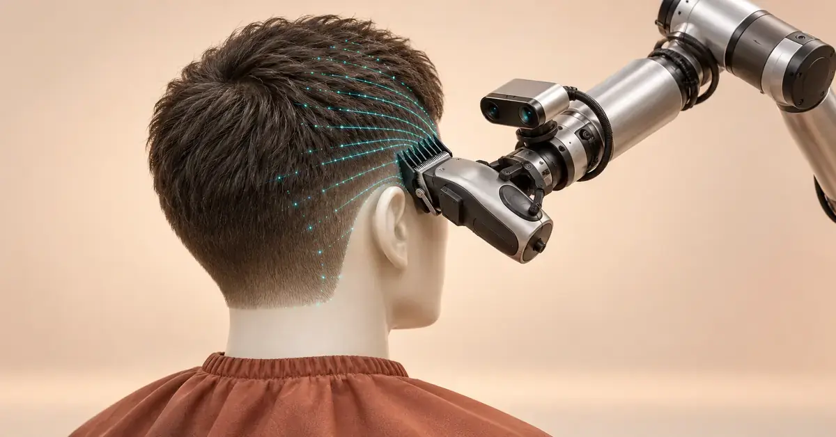 Havainnekuvassa robottikäsivarren hiustenleikkuri leikkaa harjoituspään hiuksia korvan yläpuolelta, ja turkoosit mittausviivat seuraavat pään muotoa.