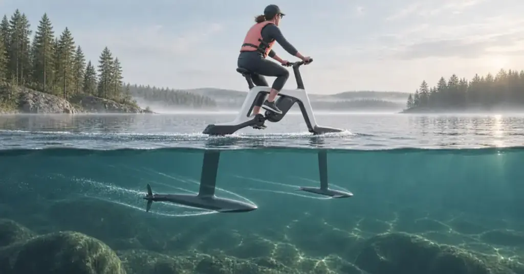 Havainnekuvassa ajaja polkee sähköavusteisella vesipolkupyörällä metsäisen järven pinnan yllä, ja vedenalainen näkymä paljastaa kantosiivet ja potkurin.
