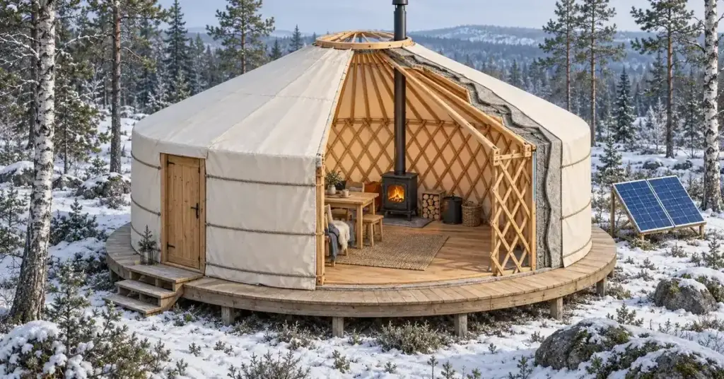 Jurtan leikkauskuva näyttää puuristikon, kattotuet, eristekerrokset ja puukamiinan lumisessa metsässä, ja rakennuksen vieressä on aurinkopaneelit.