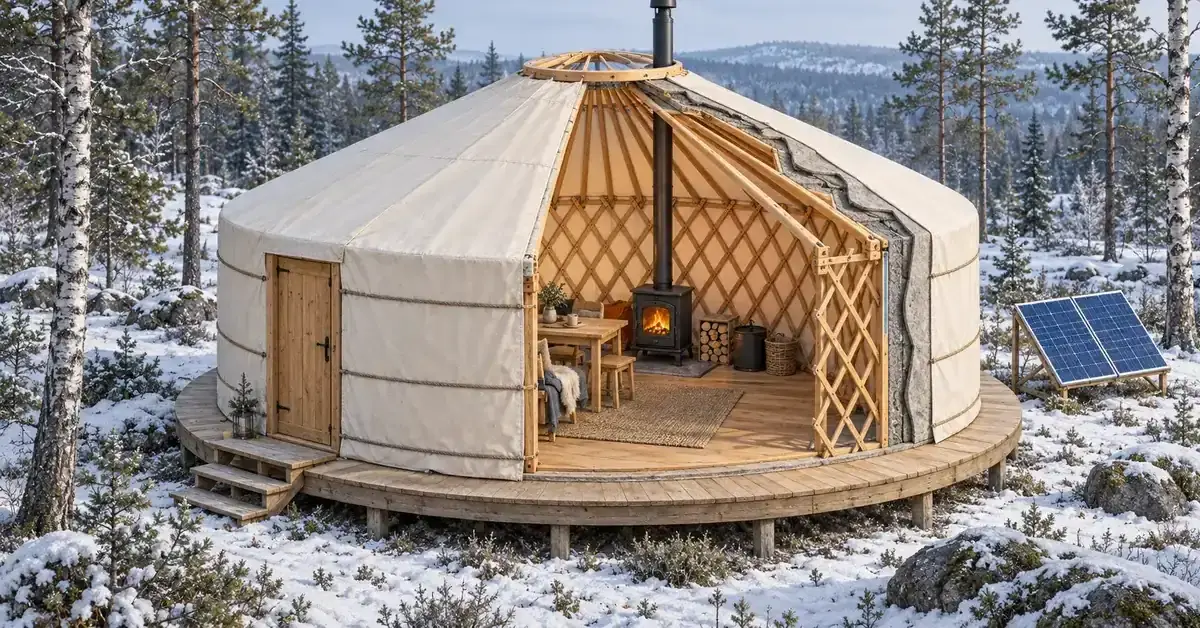 Jurtan leikkauskuva näyttää puuristikon, kattotuet, eristekerrokset ja puukamiinan lumisessa metsässä, ja rakennuksen vieressä on aurinkopaneelit.