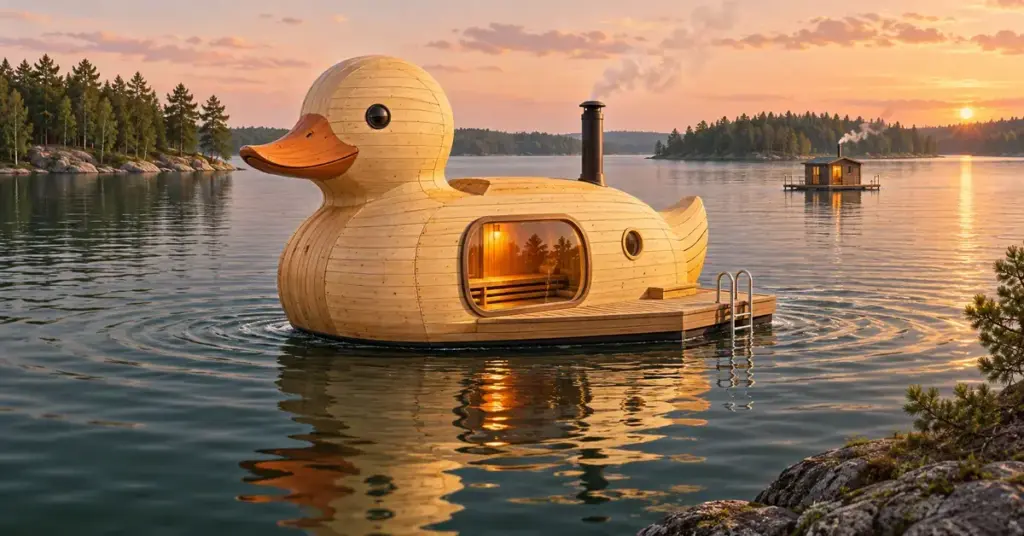 Havainnekuvassa ankan muotoinen puinen sauna kelluu järvellä ilta-auringossa, ja taustalla näkyy perinteinen saunalautta.