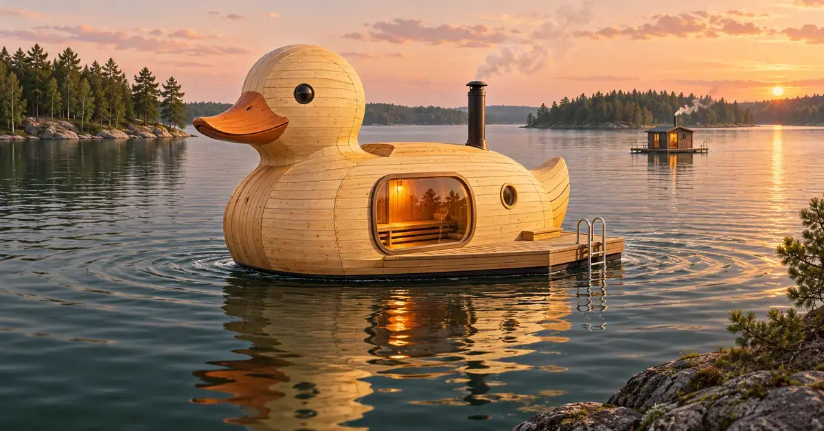Havainnekuvassa ankan muotoinen puinen sauna kelluu järvellä ilta-auringossa, ja taustalla näkyy perinteinen saunalautta.