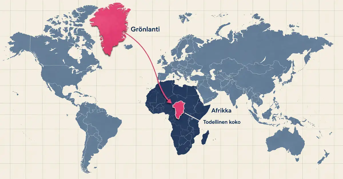 Karttakuvitus havainnollistaa Mercator-projektion kokovääristymää vertaamalla suurena näkyvää Grönlantia Afrikan päälle asetettuun pienempään Grönlannin siluettiin.