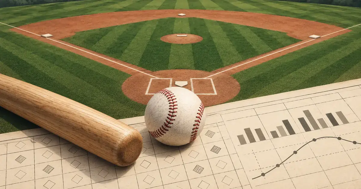 Baseballpallo ja puumaila lepäävät tilastokaavioita sisältävän paperin päällä baseballkentän edustalla.