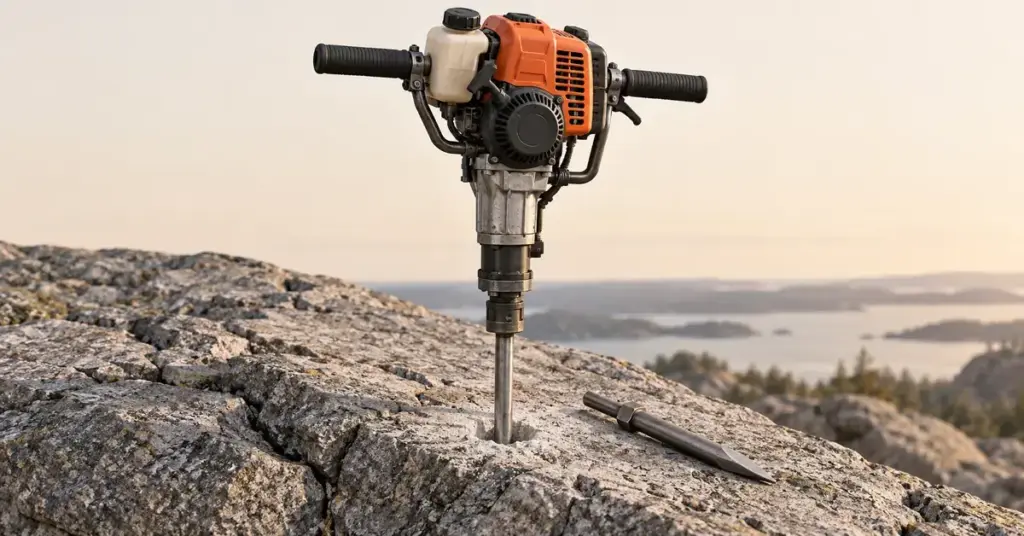 Havainnekuvassa oranssi bensiinikäyttöinen pionjääri on poranterä kallion reiässä, ja sen vieressä lepää irrotettava piikkausterä.