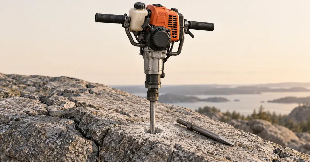 Havainnekuvassa oranssi bensiinikäyttöinen pionjääri on poranterä kallion reiässä, ja sen vieressä lepää irrotettava piikkausterä.