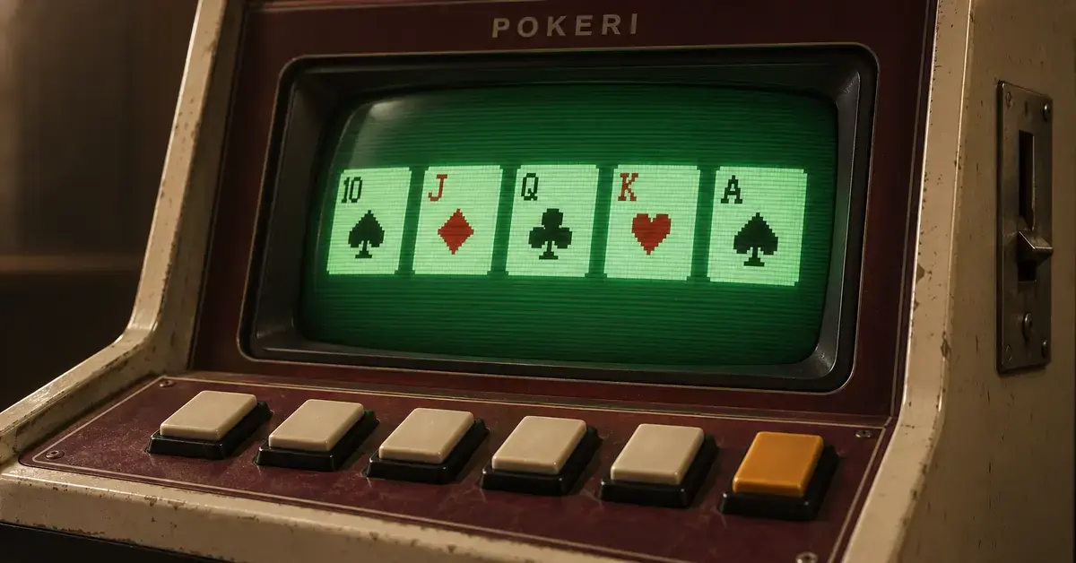 Havainnekuvassa 1980-luvun videopokerikonetta muistuttavan laitteen vihreänä hohtavalla kuvaputkiruudulla näkyy viisi pelikorttia ja ruudun alla rivi suuria pelipainikkeita.
