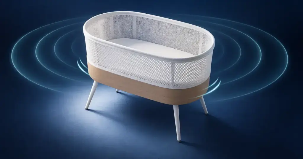 Havainnekuvassa valkoinen, puuverhoiltu älykehto on tummansinisellä taustalla, ja sitä ympäröivät valokaaret kuvaavat automaattista keinuntaa ja valkoista kohinaa.