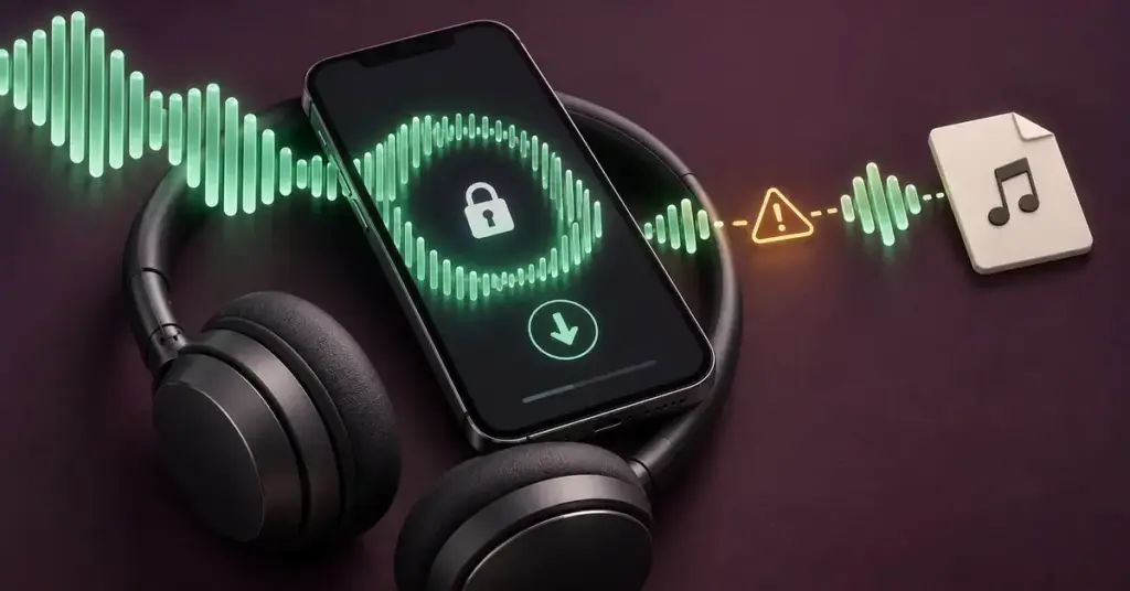 Puhelin, kuulokkeet ja lukon ympärille kiertyvä ääniaalto sekä erillisen musiikkitiedoston edessä oleva varoitusmerkki havainnollistavat Spotify-musiikin lataamisen rajoituksia.