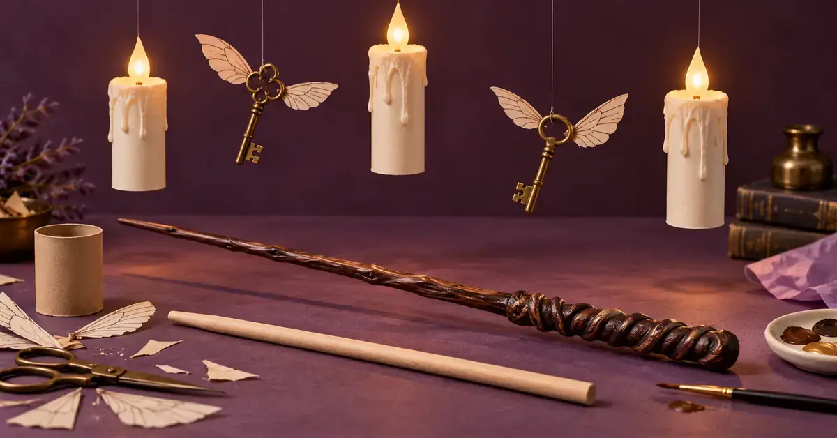 Askartelupöydällä on itse tehty taikasauva ja askartelutarvikkeita, ja sen yllä riippuu kolme LED-kynttilää sekä kaksi paperisiivillä koristeltua avainta.