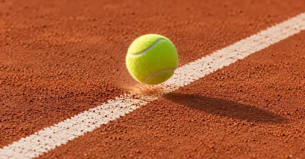 Keltainen tennispallo pomppaa punaisen massakentän valkoisella rajaviivalla auringonvalossa.