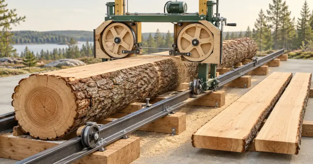Havainnekuvassa kiskoilla pyörien varassa liikkuva puurunkoinen vannesaha sahaa järeää tukkia lankuiksi, ja valmiita lankkuja lepää sahalaitoksen vieressä.