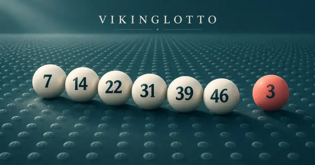 Kuusi vaaleaa lottopalloa ja korallinpunainen vikingnumeropallo erottuvat petrolinsinisestä numeroruudukosta Vikinglotto-otsikon alla.